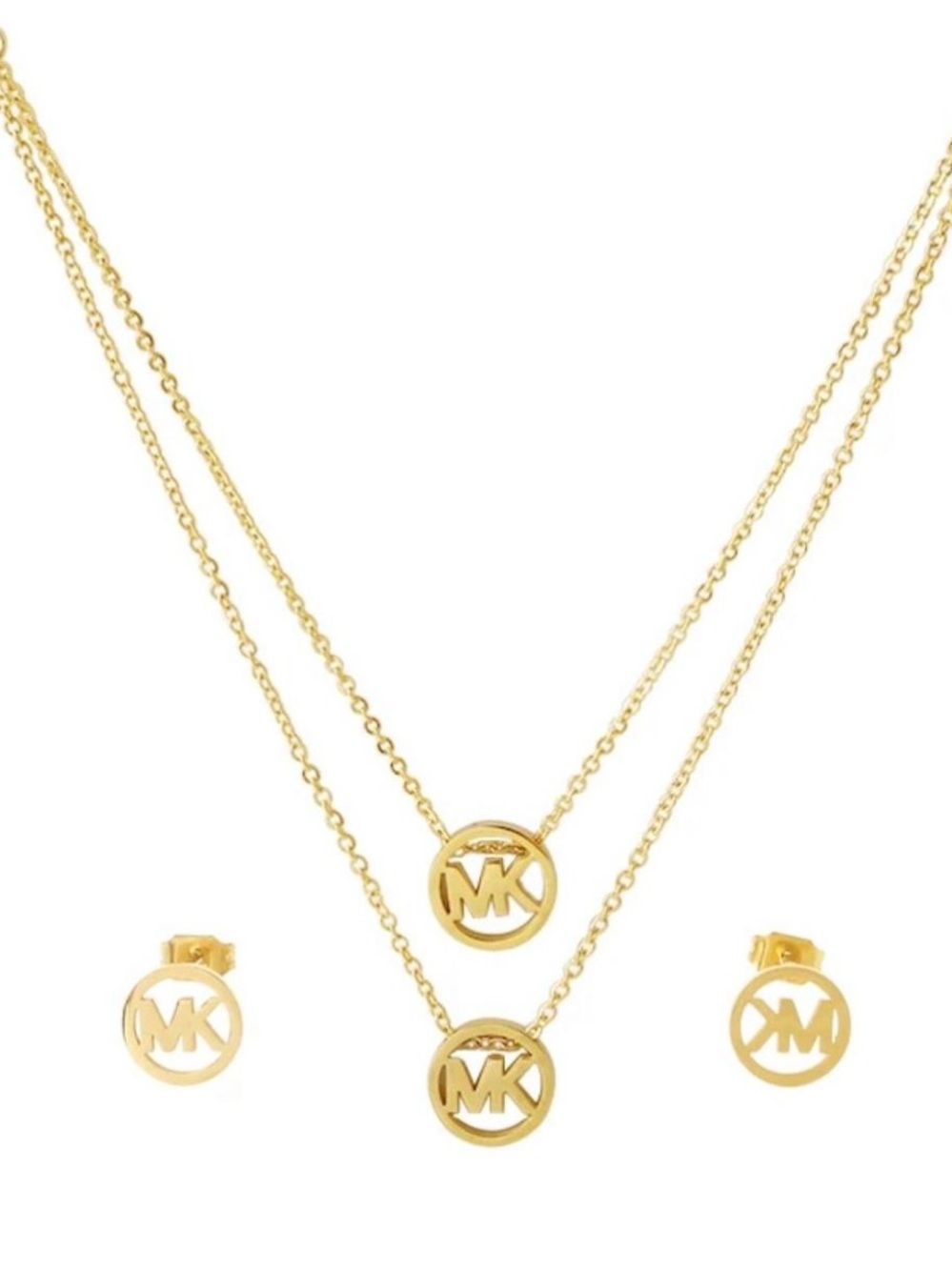 Michael Kors Gold Double-Layer Logo Necklace with Matching Studs